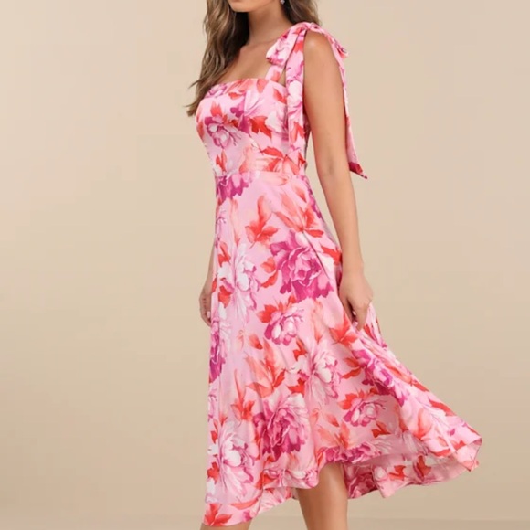 Lulu's Vibrant Pink Floral Midi Dress - Picture 1 of 2